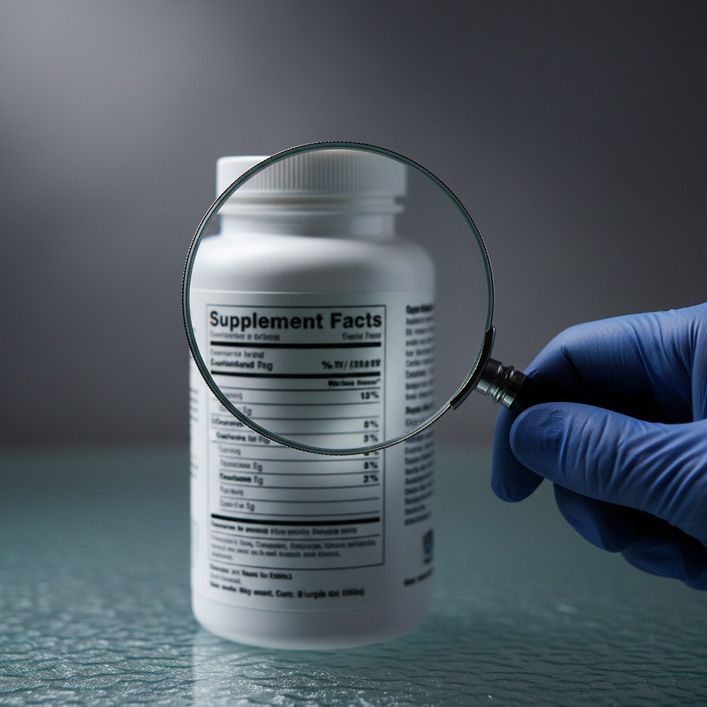 Hand inspecting the supplement-facts panel of a white magnesium bottle through a magnifying glass